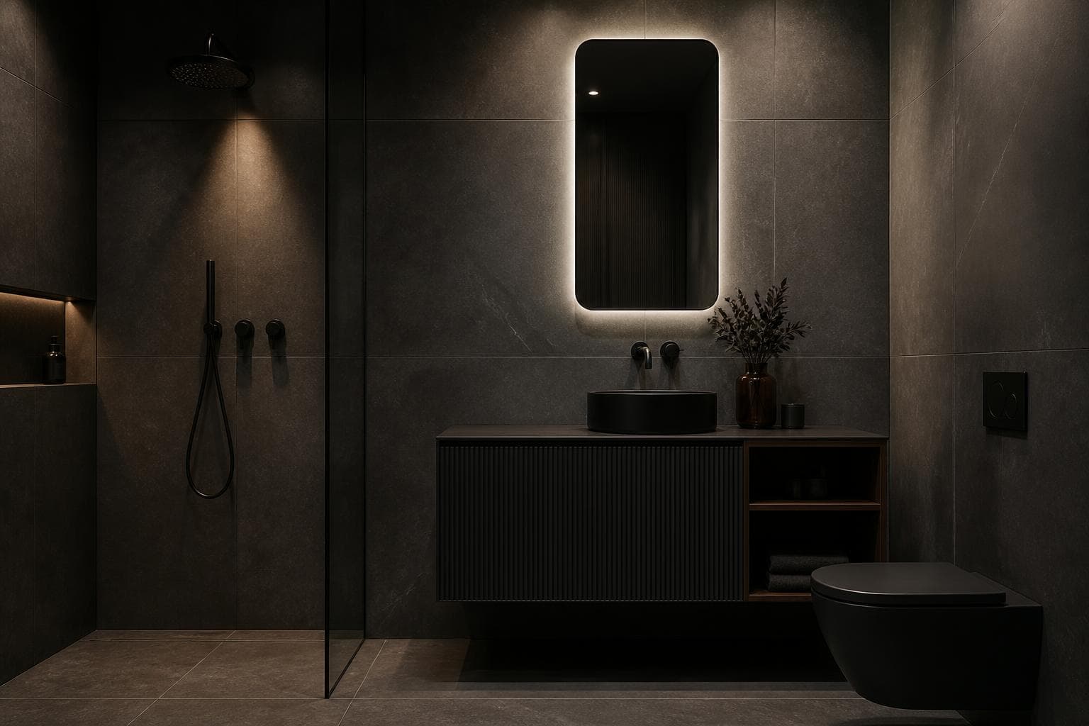 Antrasit büyük ebat plakalar ve mat siyah armatürlerle karakterli banyo